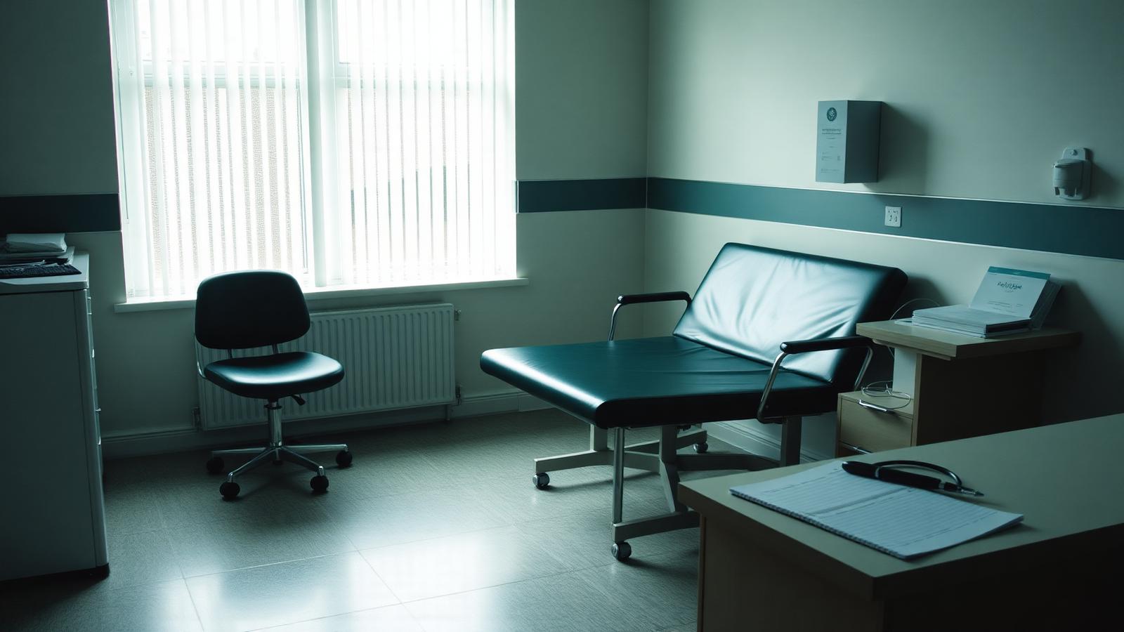 NHS GP consulting room with examination couch and desk