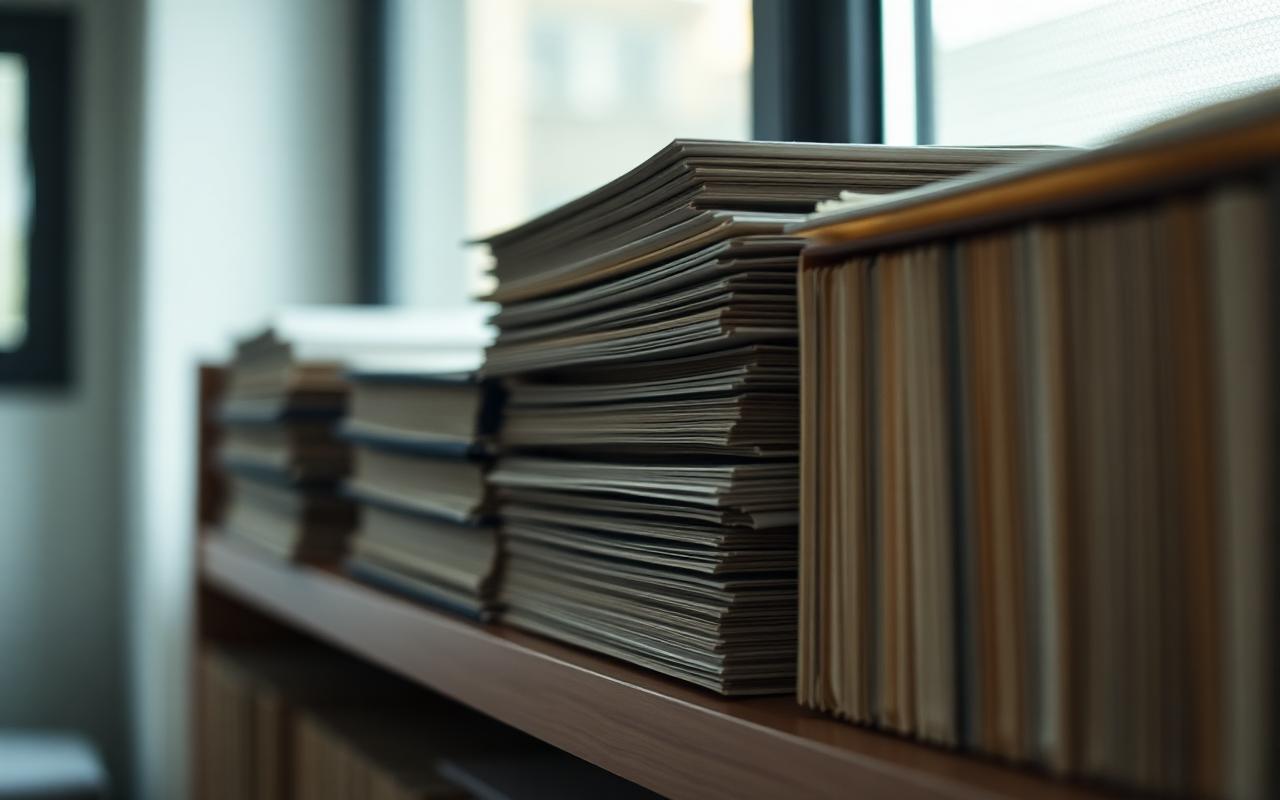 Stacked medical records folders on an archive shelf