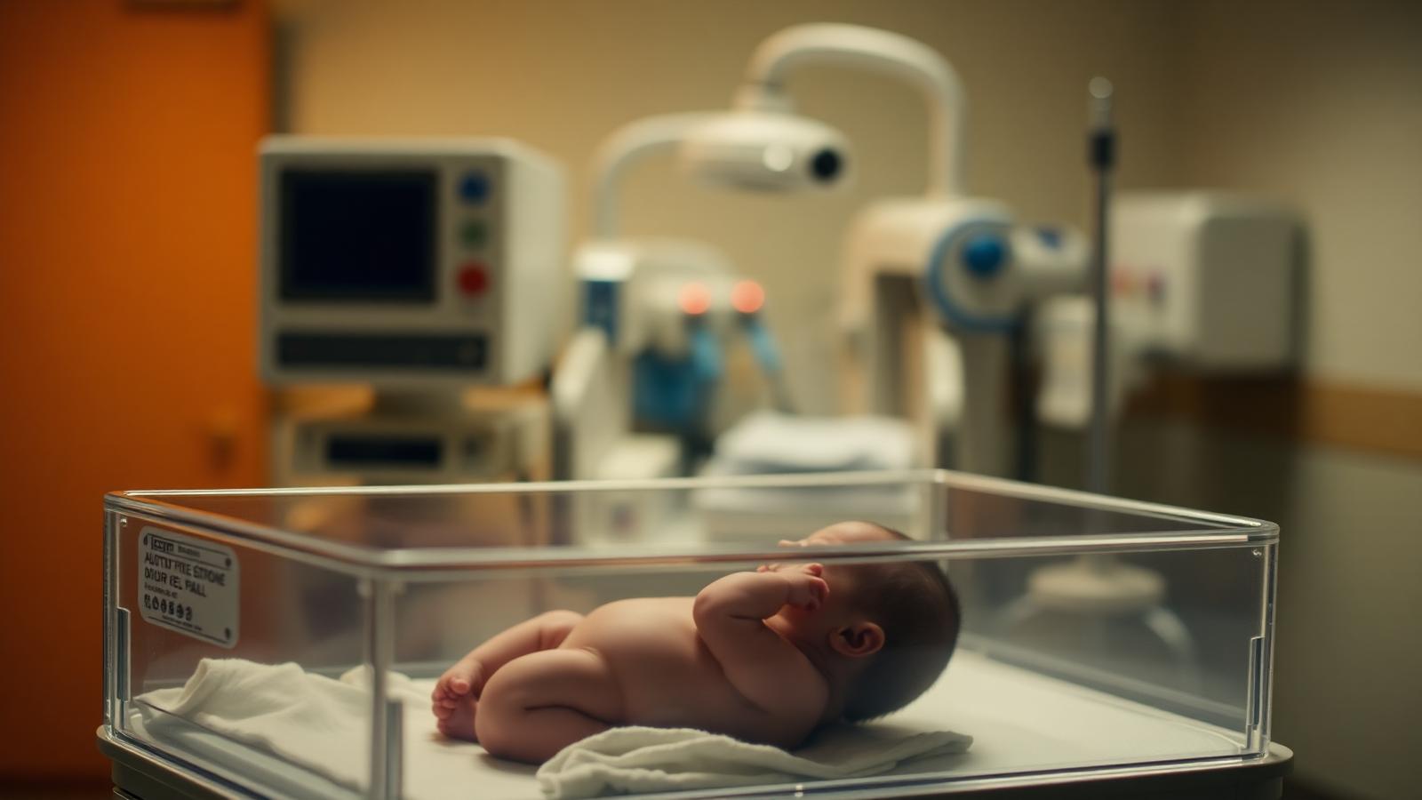 Newborn baby in a hospital incubator with medical equipment in soft focus