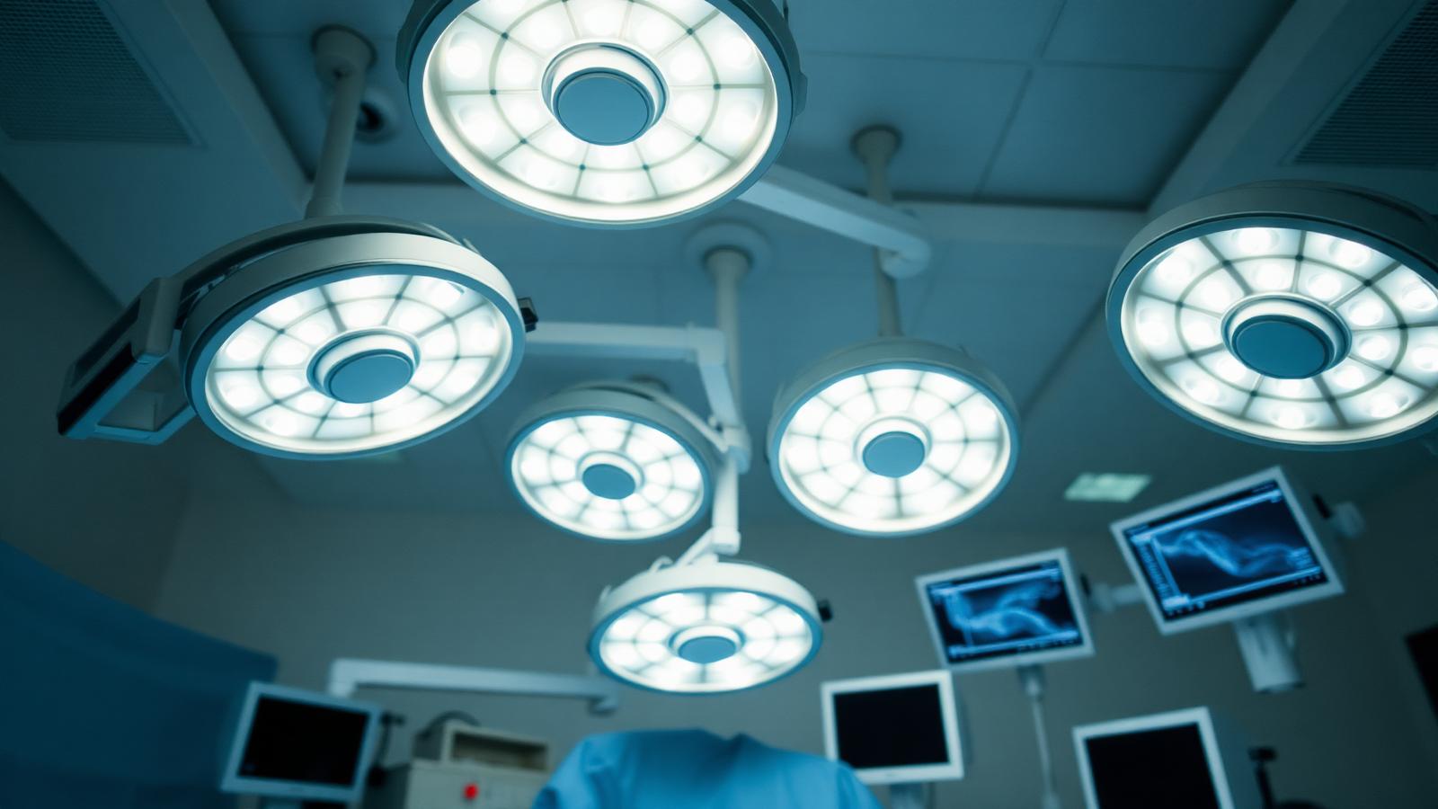 An operating theatre prepared for surgery — overhead lights and instrument trolley