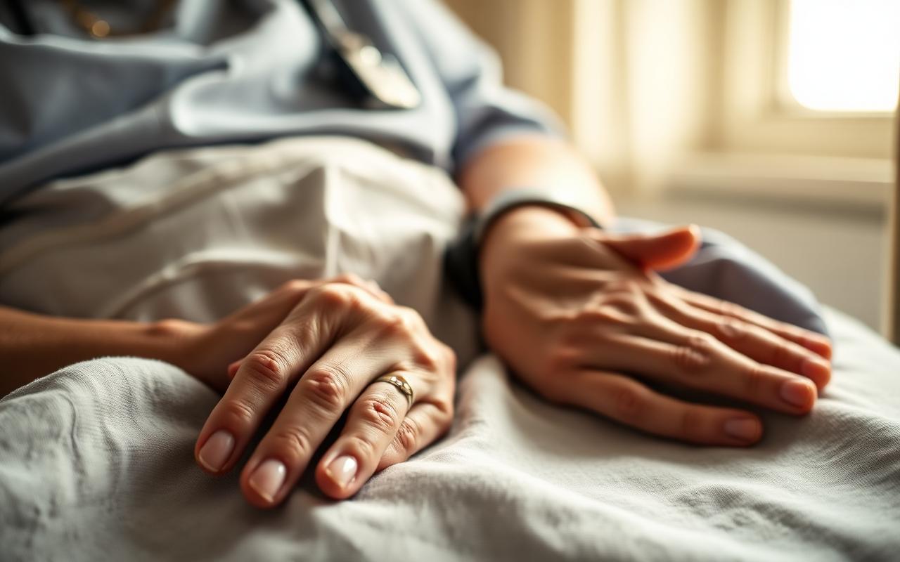 A nurse holding a patient's hand